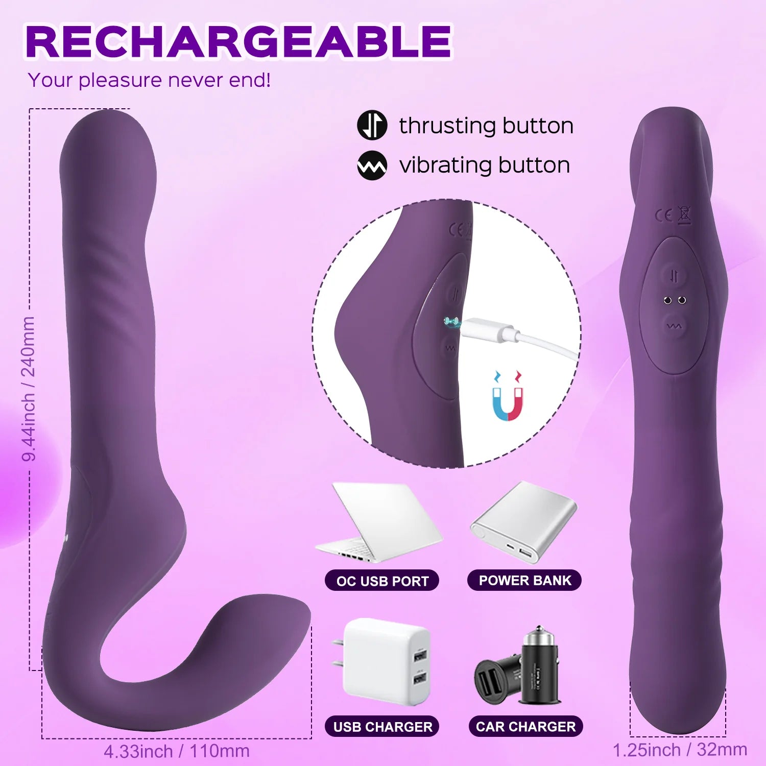 Adrena - Hook-shaped Remote Control Thrusting Dildo Strapless Strap-on Couple Play