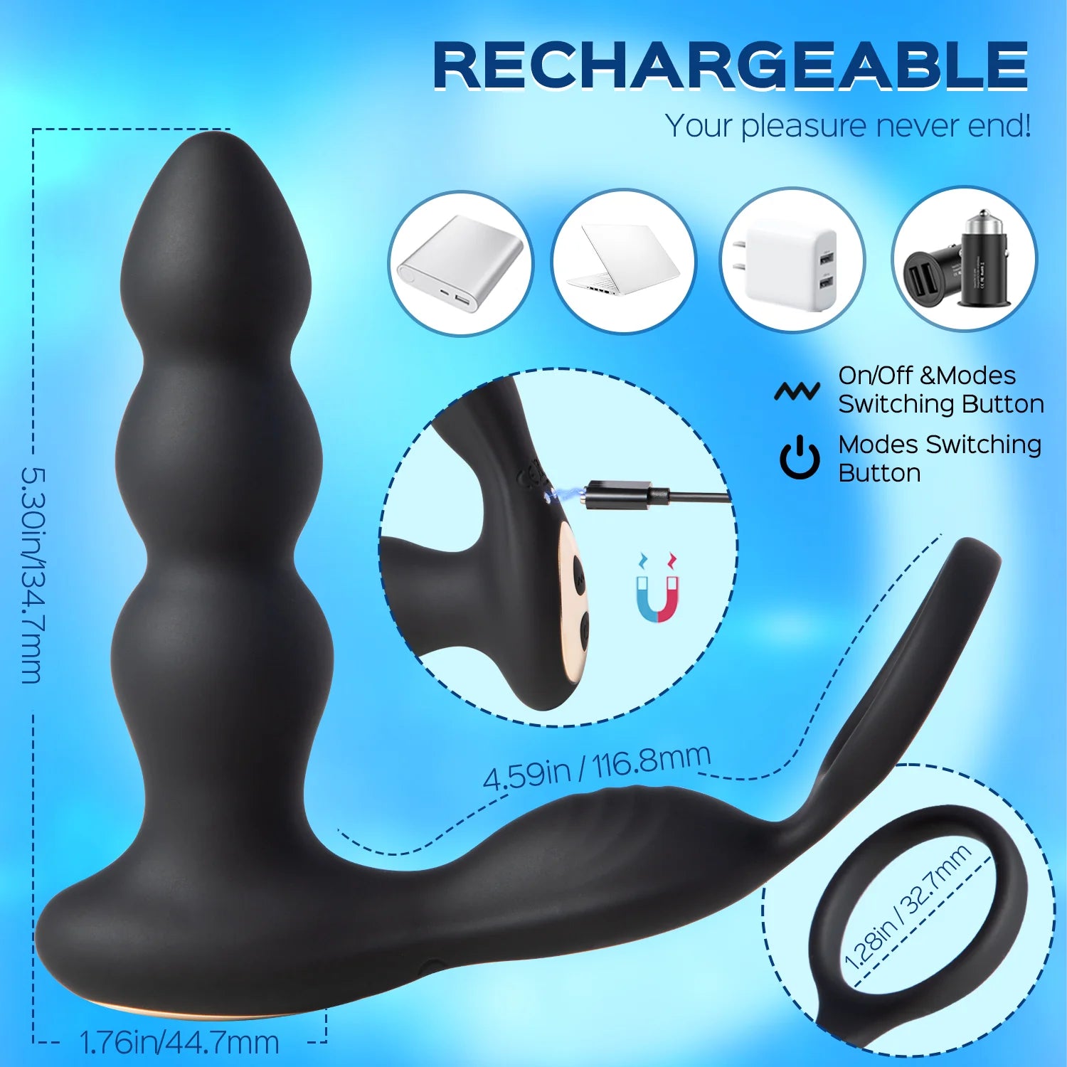 Ringer - Tapón Anal Masajeador de Próstata con 3 Cuentas Anales con Anillo para el Pene y Control Remoto